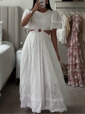 Elegant White Eyelet Cutout Midi Dress